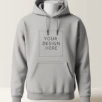 Heather grey custom pullover hoodie mockup with YOUR DESIGN HERE placeholder for personalized designs - PrintXYZ UK