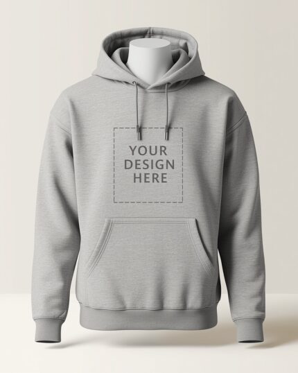 Heather grey custom pullover hoodie mockup with YOUR DESIGN HERE placeholder for personalized designs - PrintXYZ UK