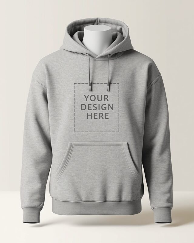 Heather grey custom pullover hoodie mockup with YOUR DESIGN HERE placeholder for personalized designs - PrintXYZ UK