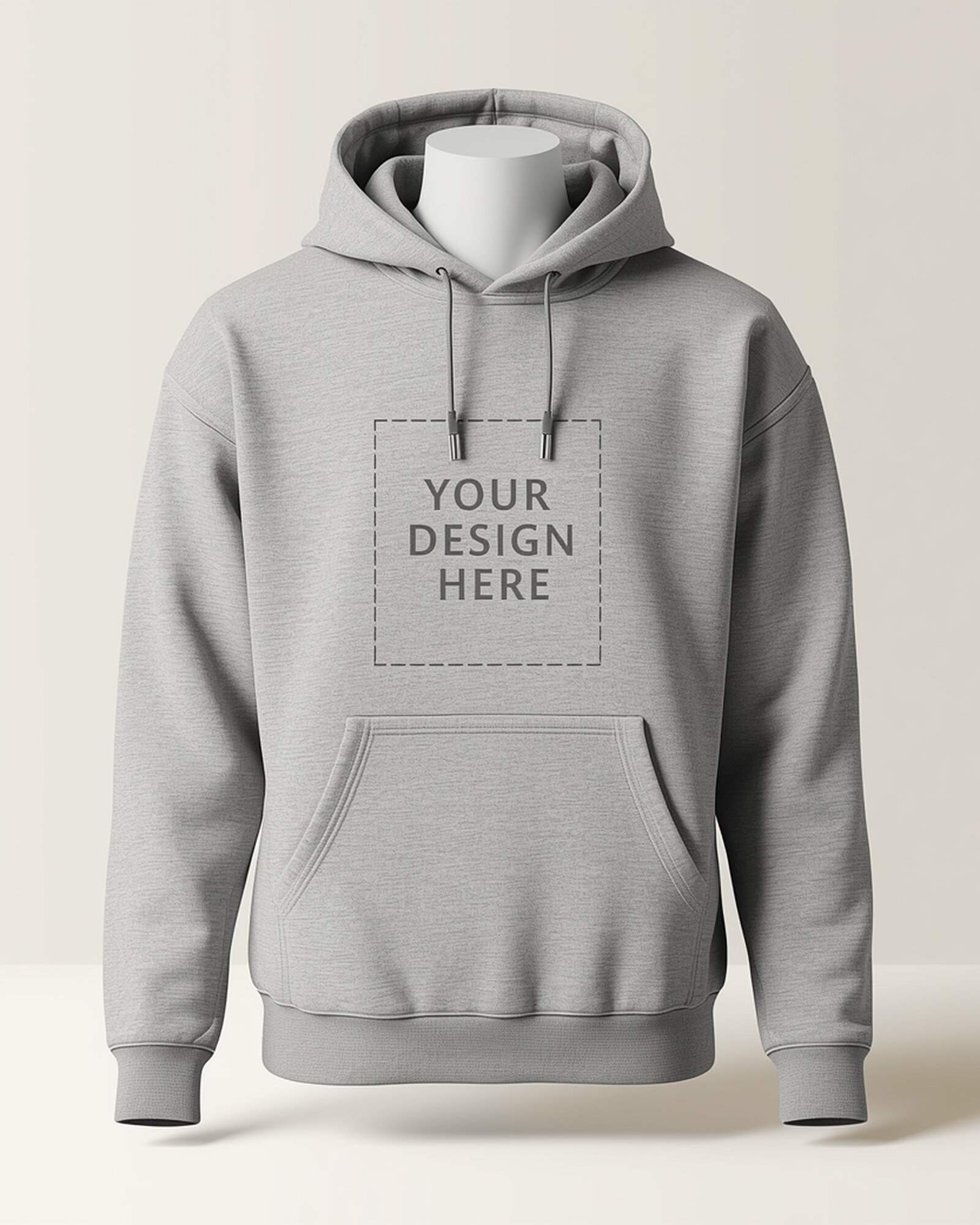 Heather grey custom pullover hoodie mockup with YOUR DESIGN HERE placeholder for personalized designs - PrintXYZ UK