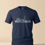 Navy blue London skyline graphic t-shirt featuring Big Ben, London Eye, Tower Bridge and the Shard - PrintXYZ UK