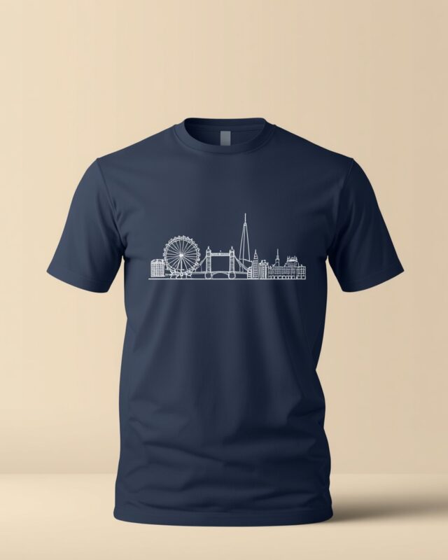 Navy blue London skyline graphic t-shirt featuring Big Ben, London Eye, Tower Bridge and the Shard - PrintXYZ UK