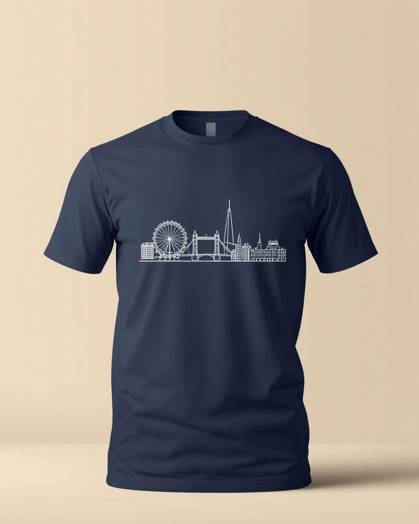 Navy blue London skyline graphic t-shirt featuring Big Ben, London Eye, Tower Bridge and the Shard - PrintXYZ UK