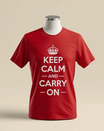 Classic British red Keep Calm and Carry On t-shirt with white royal crown - PrintXYZ UK