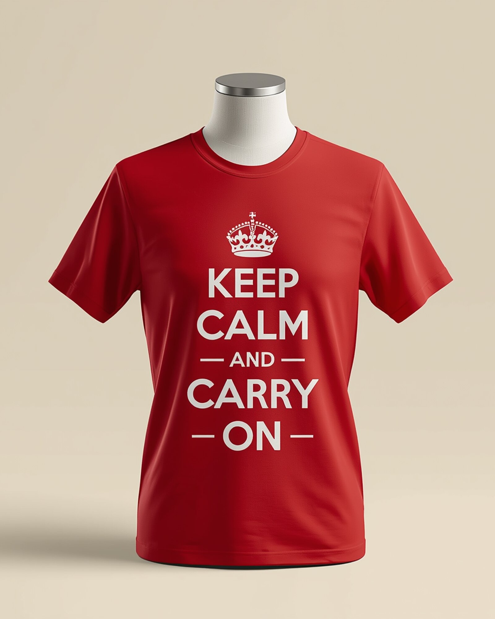 Classic British red Keep Calm and Carry On t-shirt with white royal crown - PrintXYZ UK