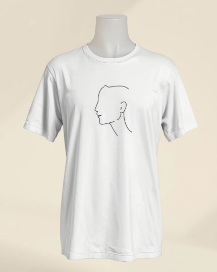 White minimalist line art portrait t-shirt with single continuous black ink drawing - PrintXYZ UK
