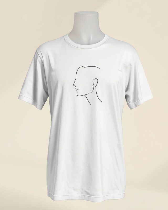 White minimalist line art portrait t-shirt with single continuous black ink drawing - PrintXYZ UK