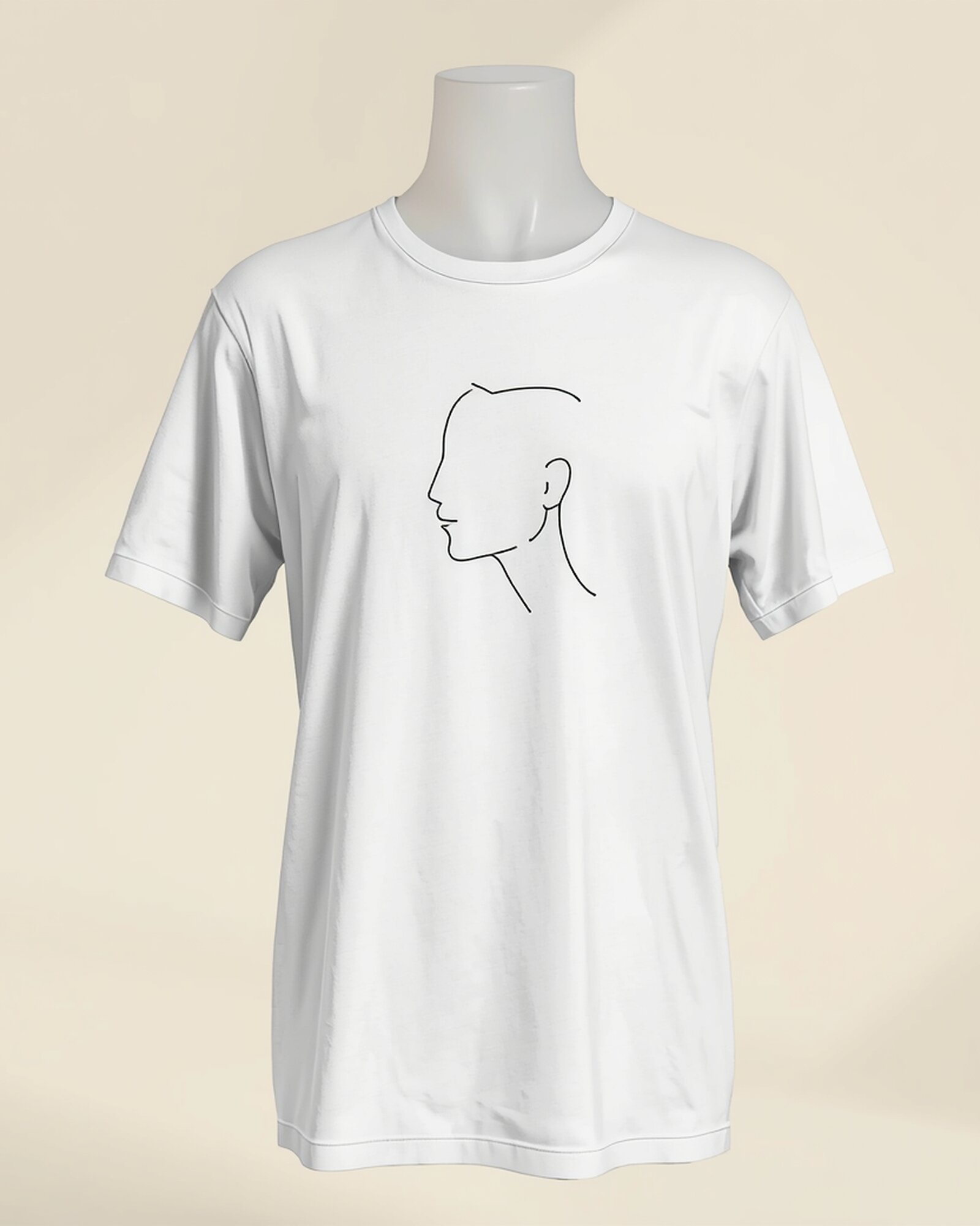 White minimalist line art portrait t-shirt with single continuous black ink drawing - PrintXYZ UK