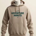 Heather sand pullover hoodie with deep forest green Adventure Awaits typography and mountain motif - PrintXYZ UK