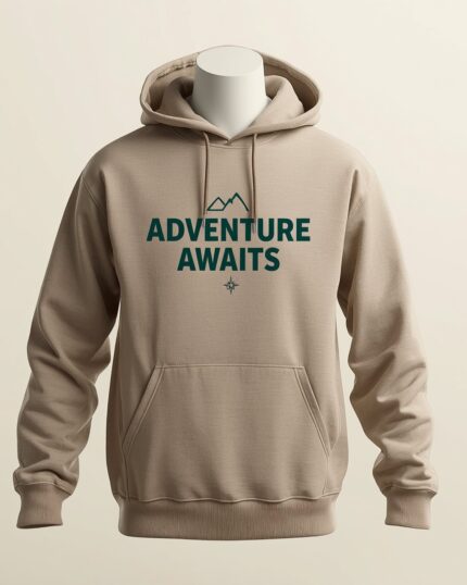 Heather sand pullover hoodie with deep forest green Adventure Awaits typography and mountain motif - PrintXYZ UK