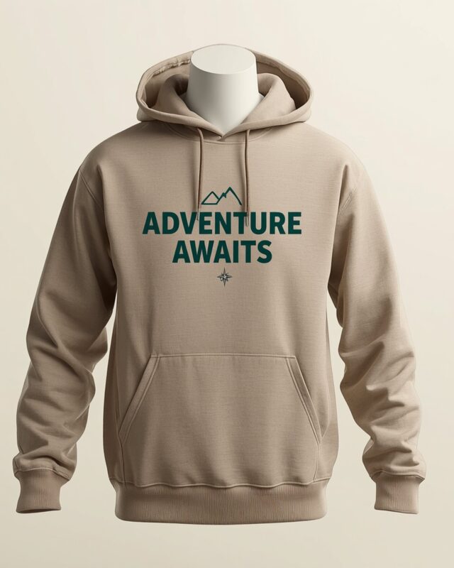 Heather sand pullover hoodie with deep forest green Adventure Awaits typography and mountain motif - PrintXYZ UK