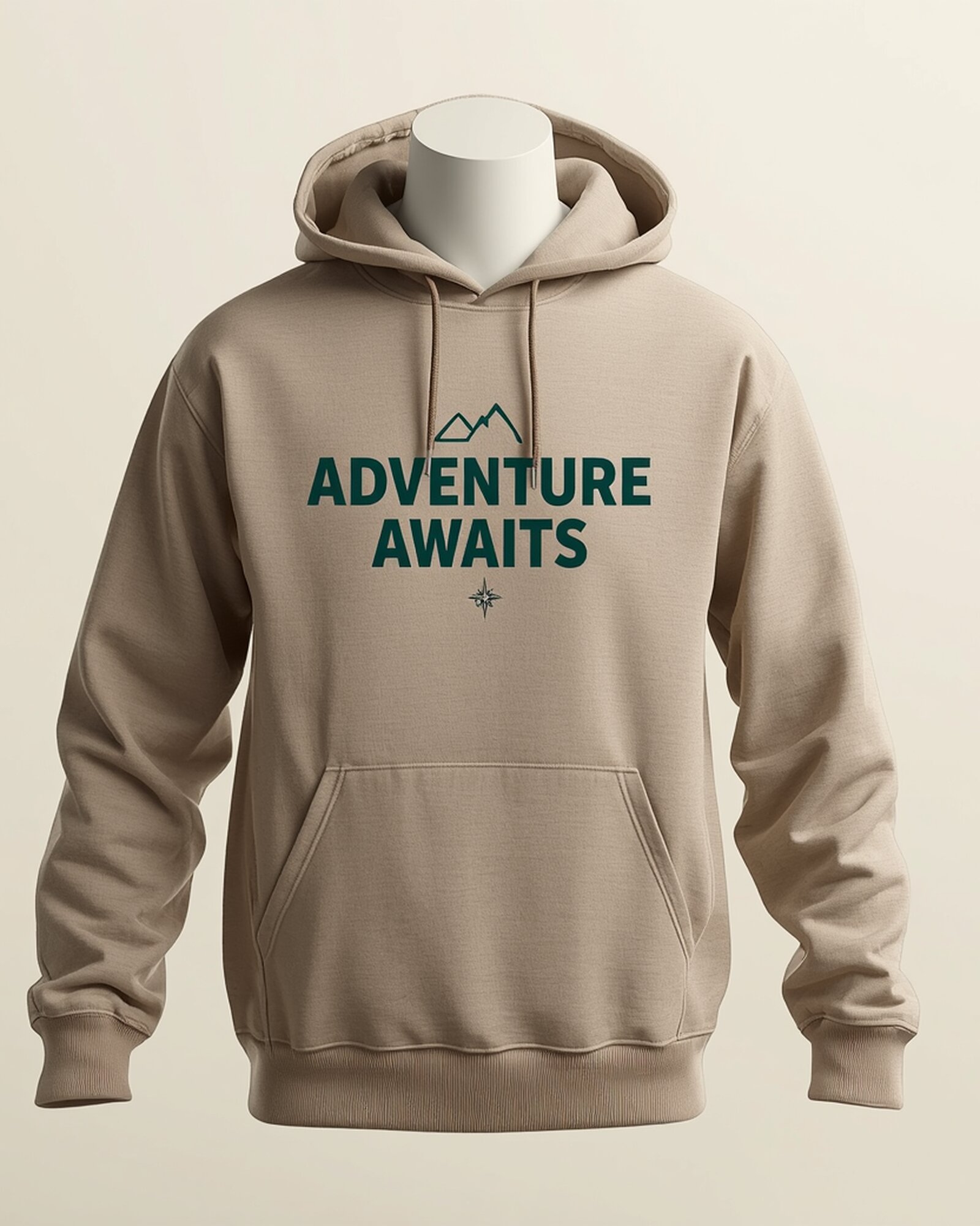 Heather sand pullover hoodie with deep forest green Adventure Awaits typography and mountain motif - PrintXYZ UK