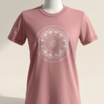 Dusty rose pink floral mandala t-shirt with intricate symmetrical white botanical pattern - PrintXYZ UK