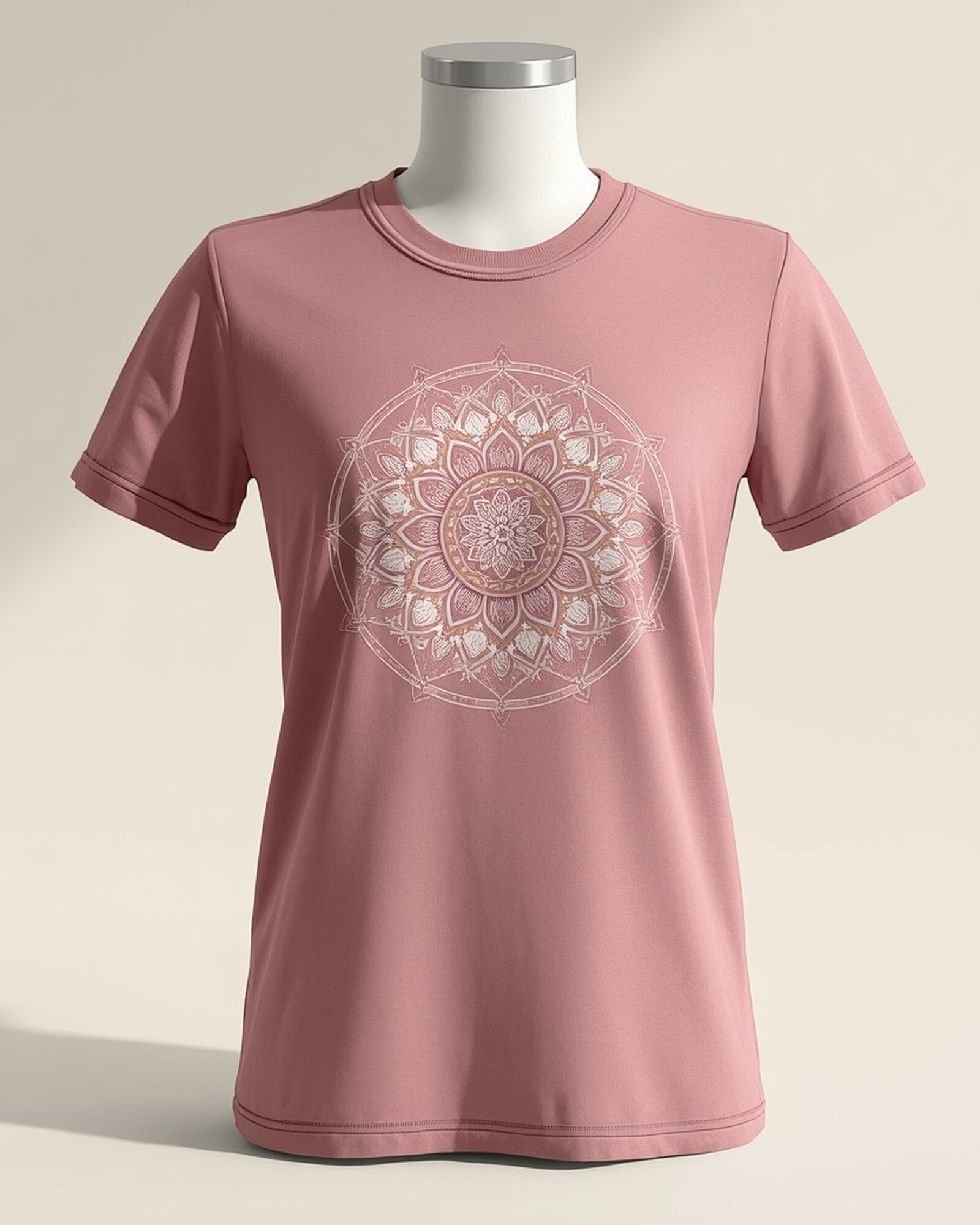 Dusty rose pink floral mandala t-shirt with intricate symmetrical white botanical pattern - PrintXYZ UK
