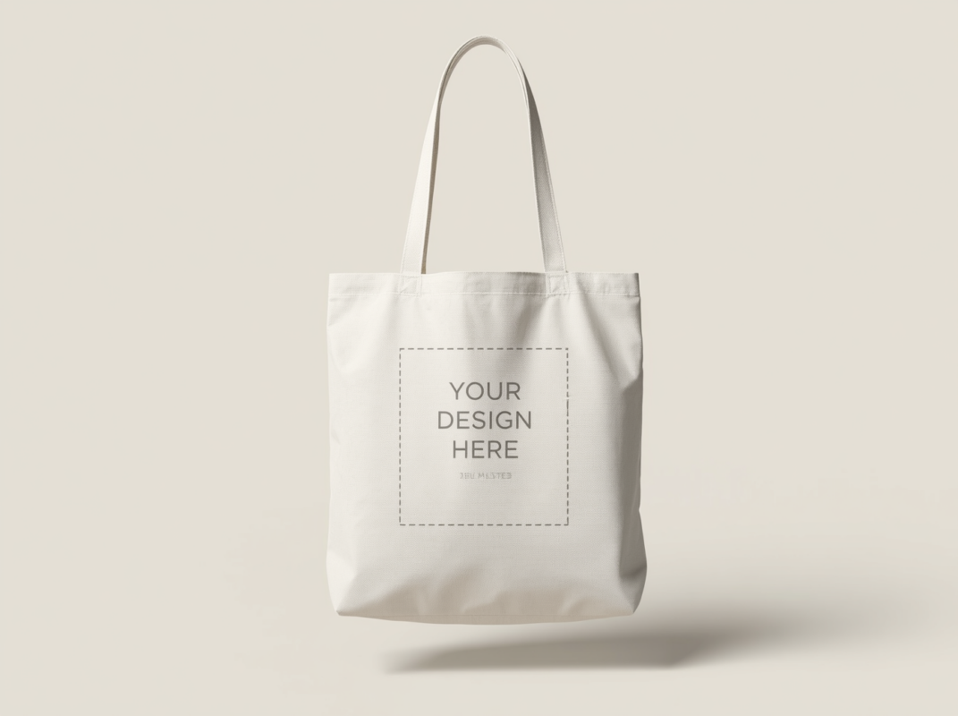 Custom printable cotton tote bag in natural cream with design placeholder area, PrintXYZ