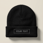 Custom embroidered acrylic beanie in black with text placeholder on front cuff, PrintXYZ