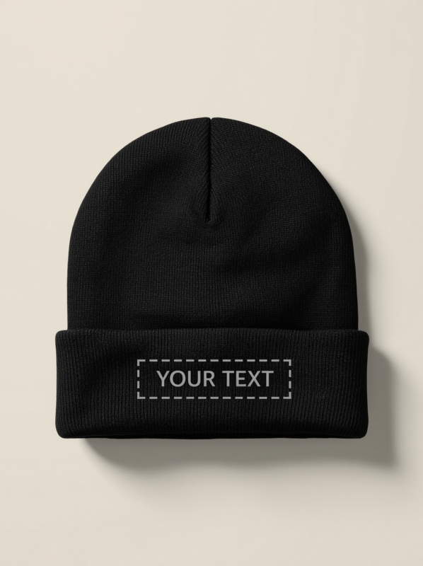 Custom embroidered acrylic beanie in black with text placeholder on front cuff, PrintXYZ