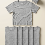 Flat-lay of 10 heather grey custom-printed t-shirts with design placeholder, PrintXYZ team pack