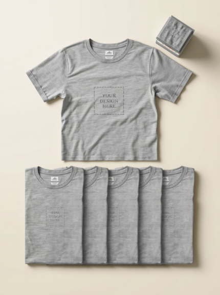 Flat-lay of 10 heather grey custom-printed t-shirts with design placeholder, PrintXYZ team pack